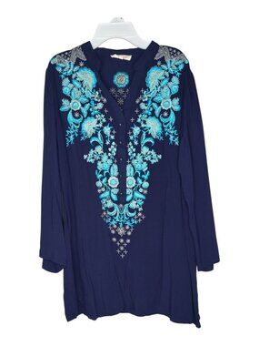 Solitaire Tunic Womens Medium Navy Blue Embroidered Floral Boho Top Rayon